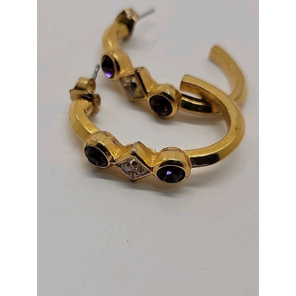 AVON Signed Vintage‎ 1" Hoop Pierced Earrings Purple Rhinestones Gold Tone Metal